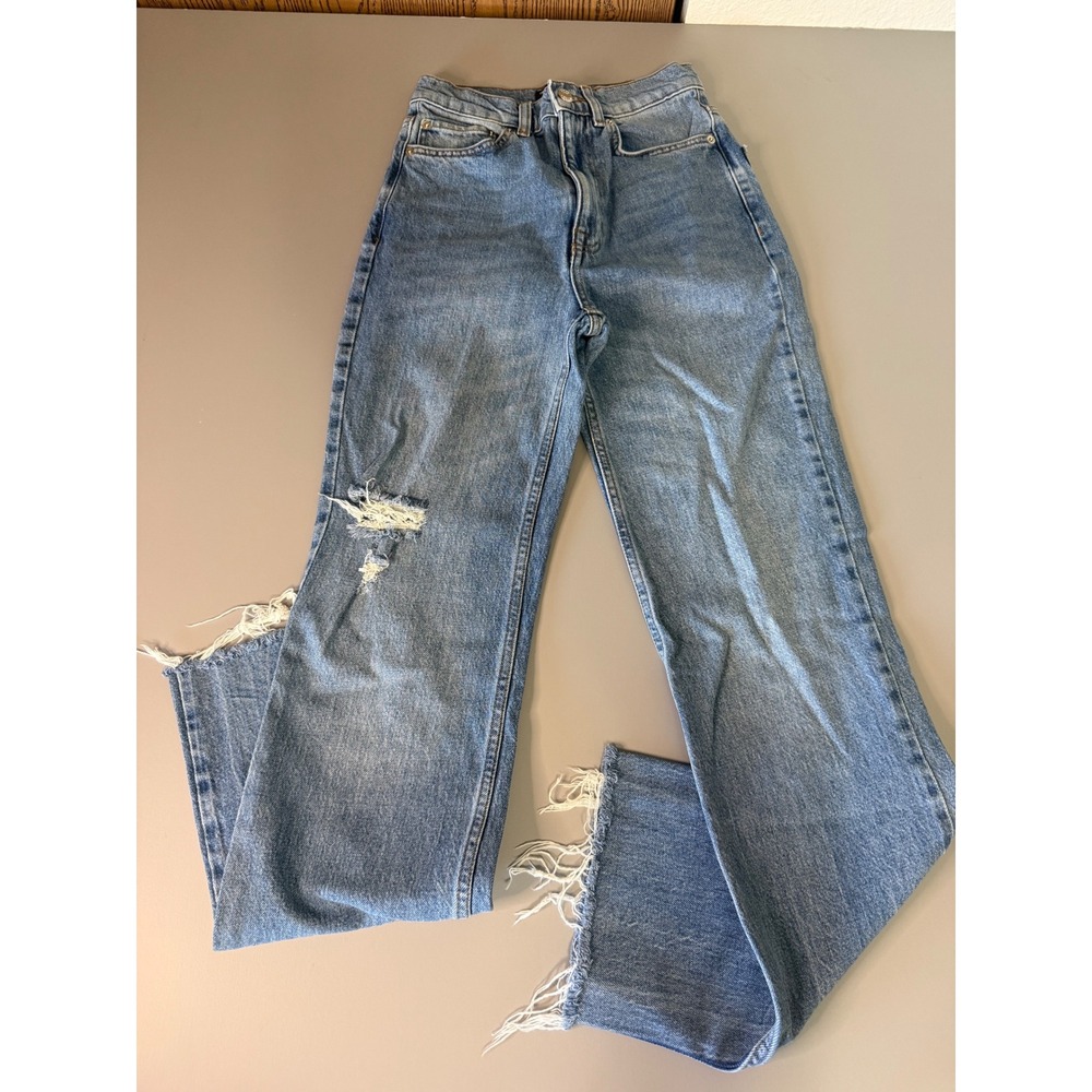 ASOS DESIGN Tall High Waisted Straight Leg Distressed Jeans Blue 25/36